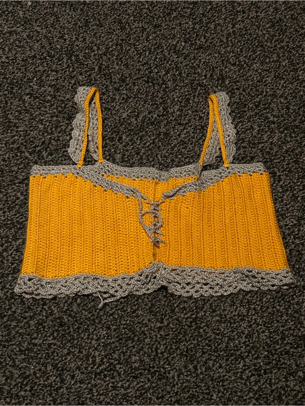 Handcrafted Mustard Yellow Crochet Crop Top with Gray Trim